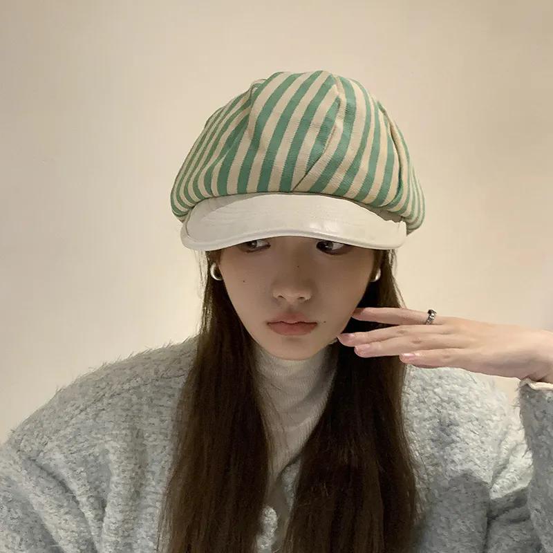 

WTEMPO Women s Spring Summer Foldable Faux Leather Hats Striped Elegant Retro Travel Beach Breathable Sun Hats 1pc зелёный