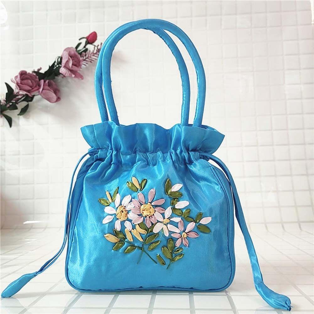 Leaf Embroidery Flower Handbag Satin Silk Small Purse Wallet Hanfu Drawstrings Bag  Ladies/Girls