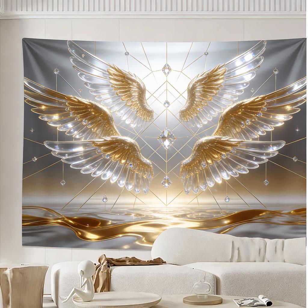 Luxurious Saint Michael Angel Golden  White Tapestry  Intricate Heavenly Design with Radiant Stars HighQuality Polyester Fab