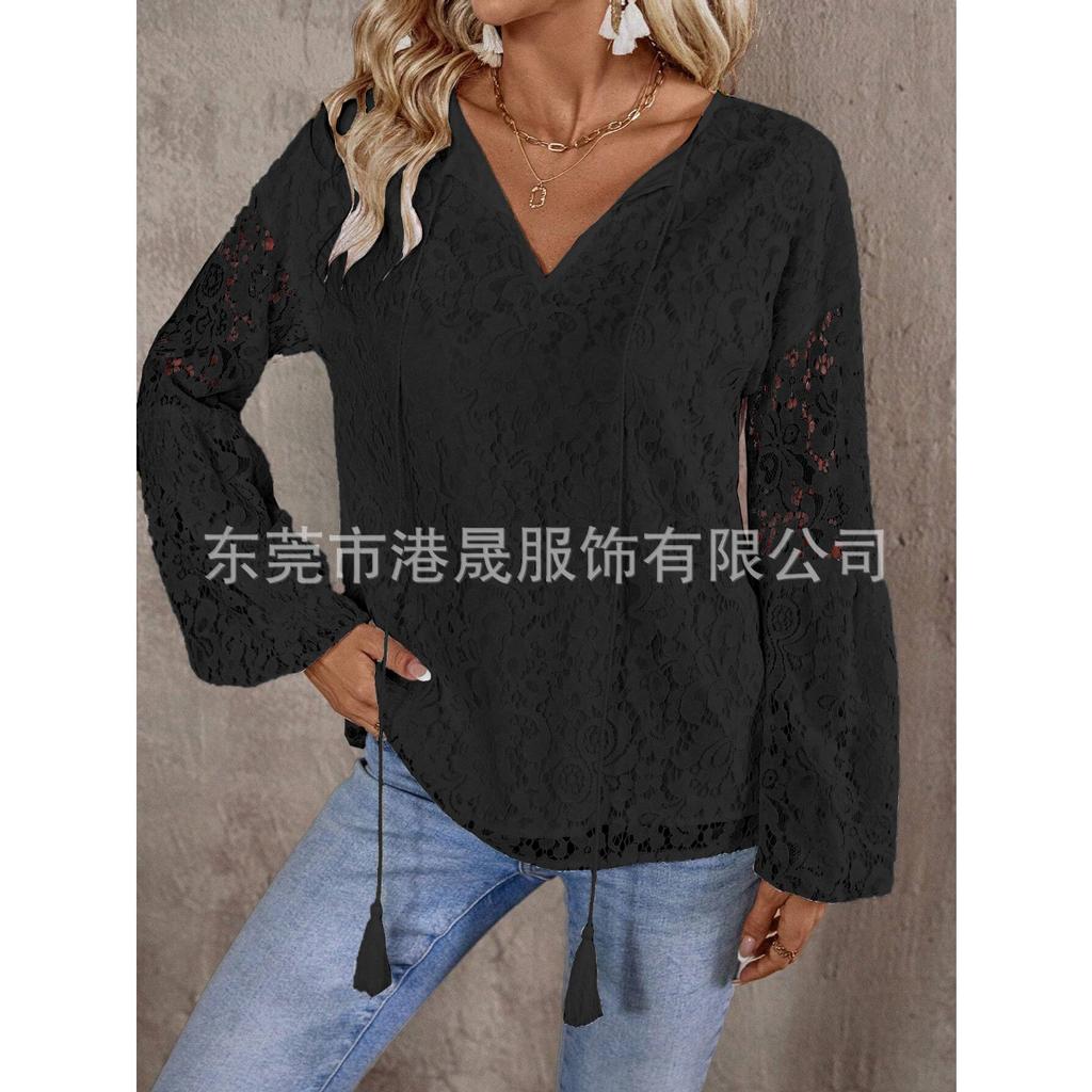 Fall Women's Hollow Out Lace Blouse, V Neck Loose Pullover Long Sleeve Elegant Casual Top for Women