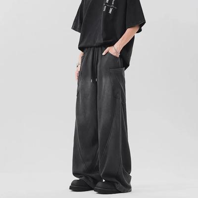 Men's American-Style Washed Distressed Sweatpants, Autumn Trend, Deconstructed Stitching, Wide-Leg, High Street Versatile Casual Pants.