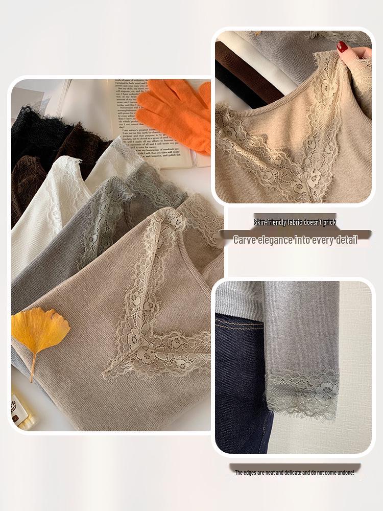 T-shirt à manches longues brossé à col en V pour femme, coupe slim, bordure en dentelle (Collection Automne Précoce 2025)