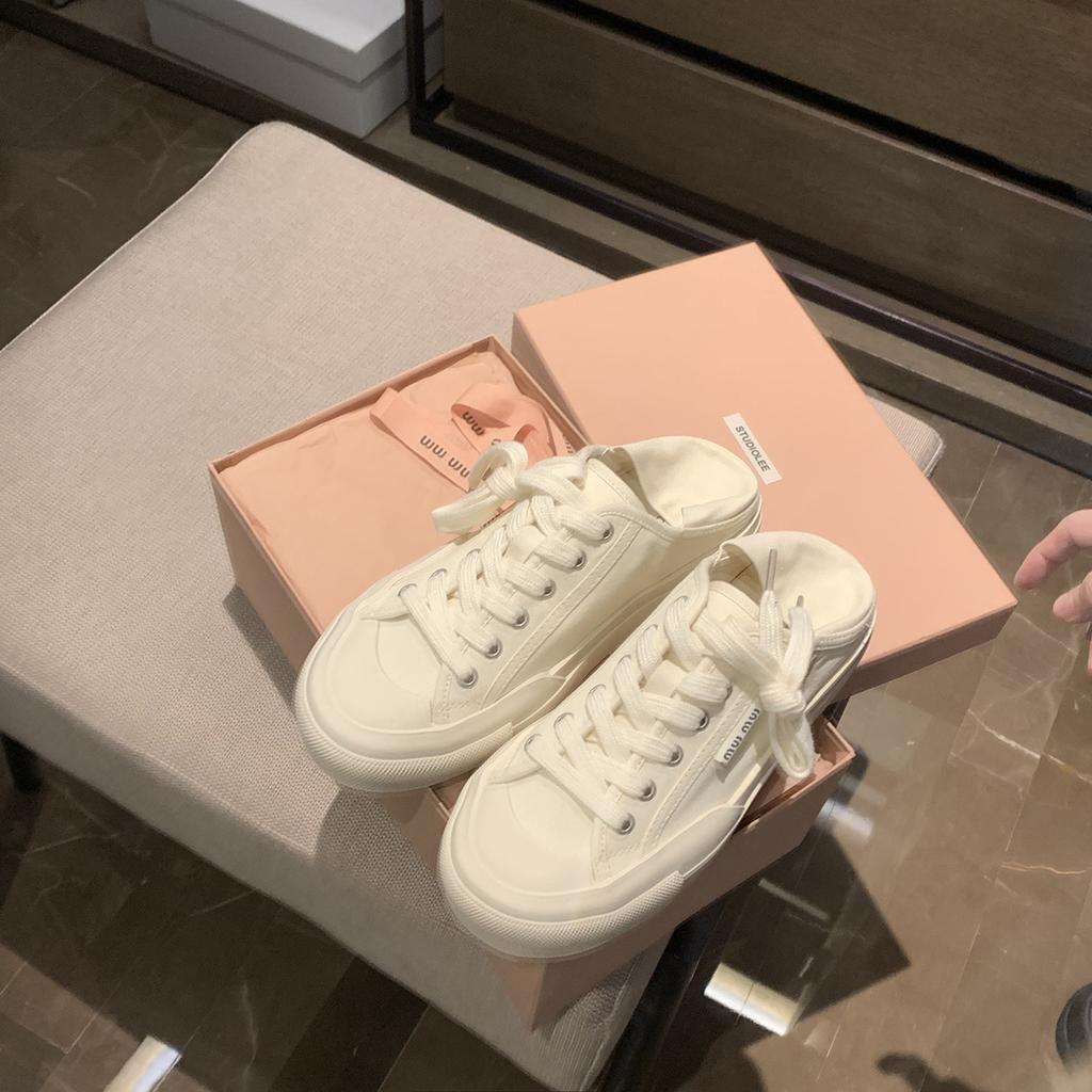 Sheepskin Version~ Leather Round Head Lace-up Breathable Stepping Heel Casual Canvas Shoes Women's 2025 New Board Shoes Little White Shoes