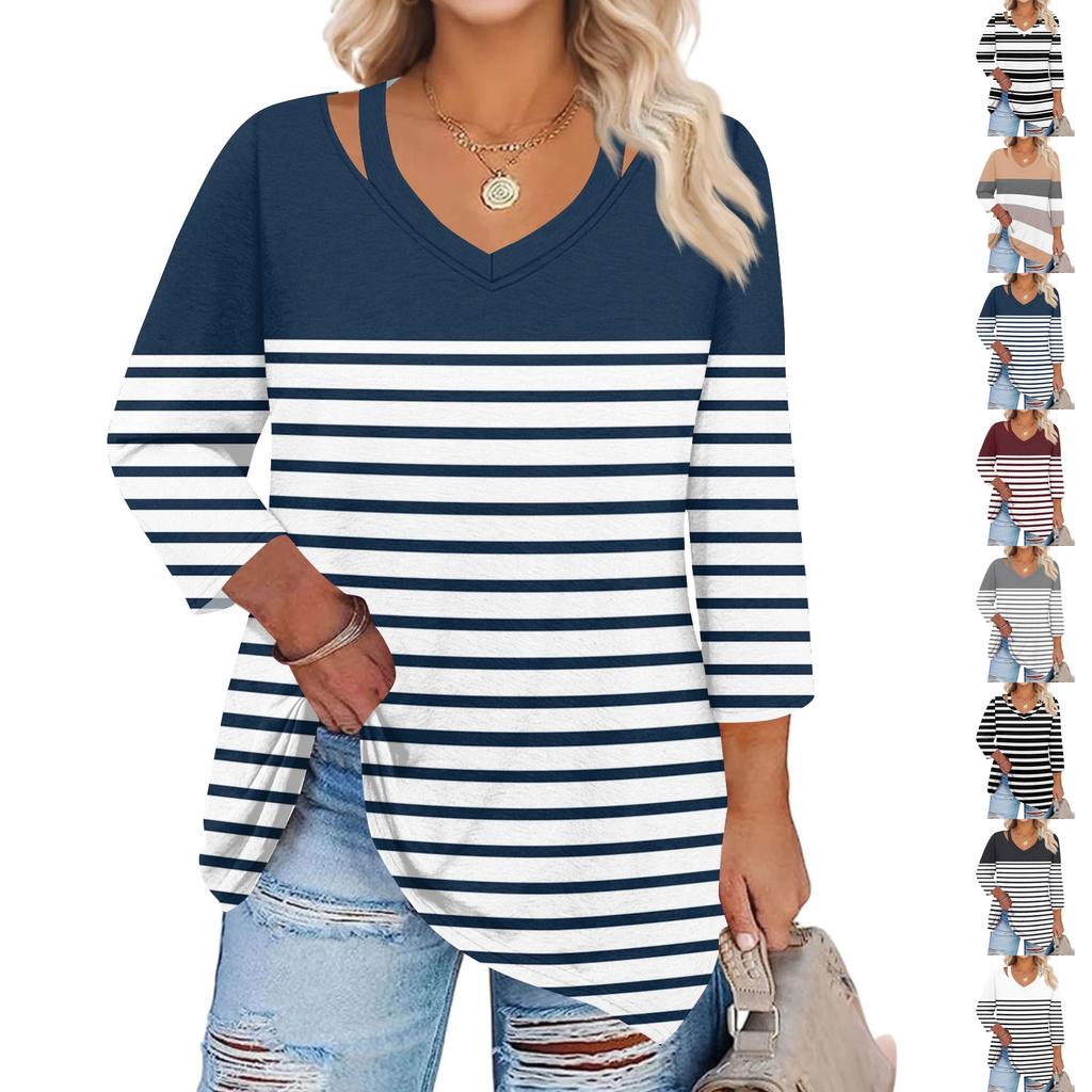 Dámské potištěné topy plus size s dutým véčkovým výstřihem a 3/4 rukávy, elegantní ležérní topy