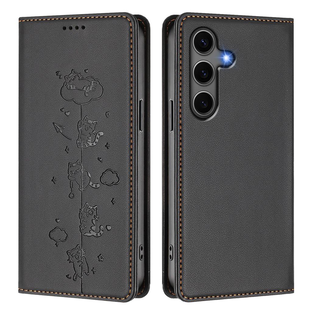 For Samsung Galaxy S25+/Galaxy S24+ Case RFID Blocking Wallet Stand Imprinted Cat Pattern Leather Phone Cover