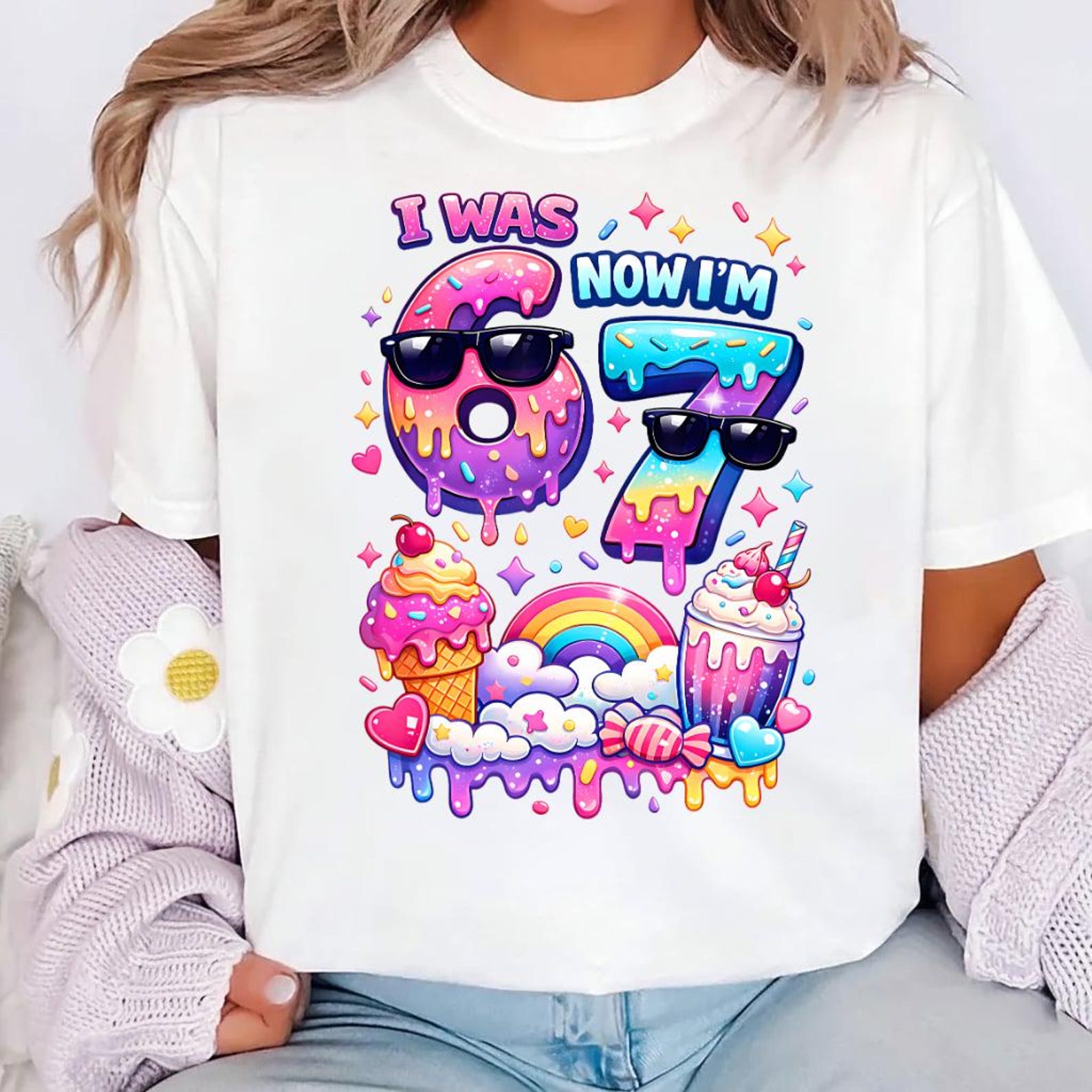 I Was 6 Now I m 7 Birthday Shirt, Ice Cream Drip Tee 3XL