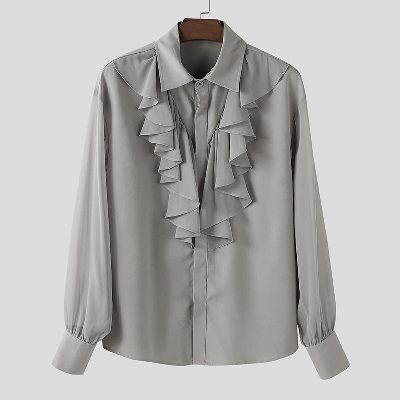 INCERUN Oversized Elegant Men Multi-layered Neck Long Sleeve Ruffled Casual Loose Shirts