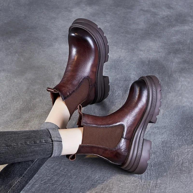 Fashion 6CM Luxury Design Chelsea Boots For Women Genuine Cow Leather Wide Head Thick High Heel Platform Slip On Mid Calf Boots 2024 New
