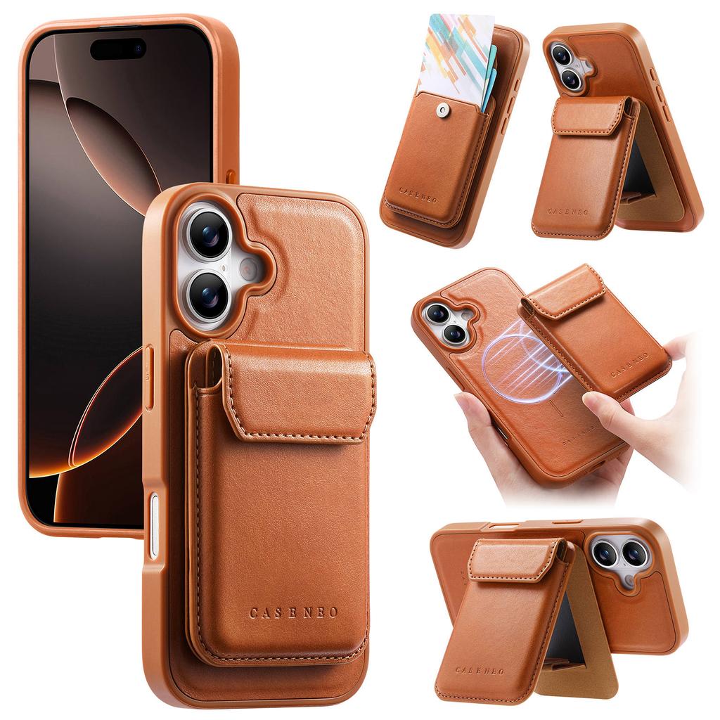 CASENEO For iPhone 17 Magnetic Case PU Leather PC Phone Cover with Detachable Card Holder Kickstand Compatible with MagSafe