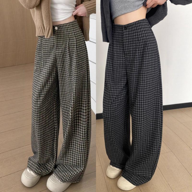 Plaid pants children's new autumn high waist and thin loose lazy style straight casual narrow wide-leg pants