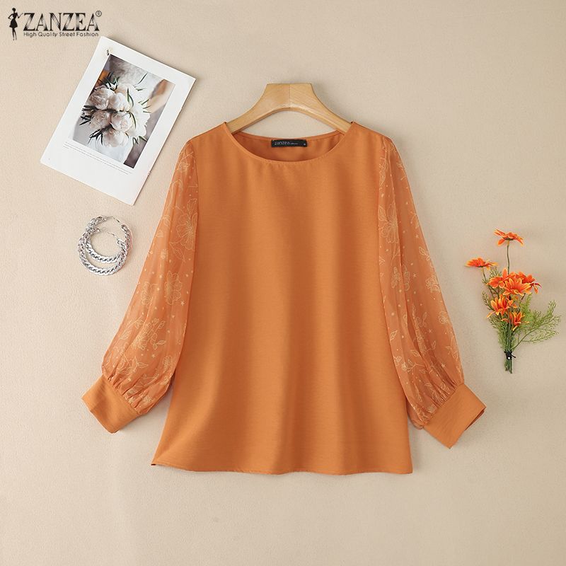 ZANZEA Dámská ležérní halenka s kulatým výstřihem, síťovanou vsadkou a 3/4 rukávy