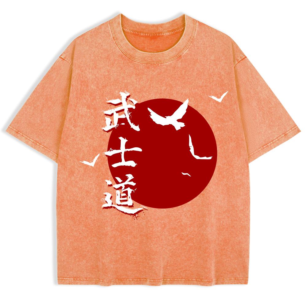 Japan Bushido Harajuku Printed Washed T-Shirts Mens Cotton Short Sleeve Tops Street O-Neck Oversize T Shirts Clothes