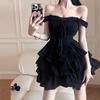 2024 Women's Black Ruffle Suspender Dress - Summer Sexy Cake Style