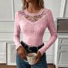 Women V Neck Lace Trim Ribbed Knit Long Sleeve Top Slim Fit Casual Pullover Sweater Lightweight Stretchy Fabric