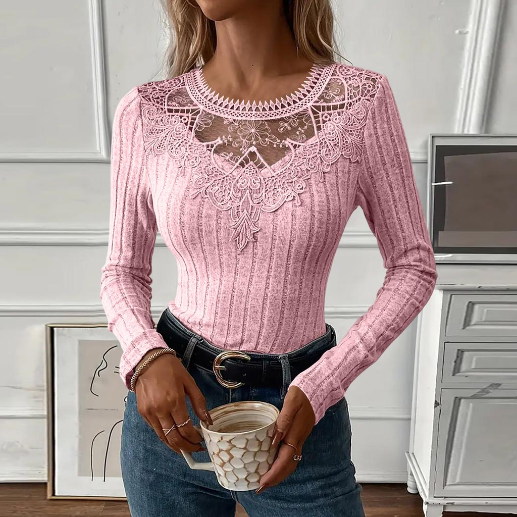 Women V Neck Lace Trim Ribbed Knit Long Sleeve Top Slim Fit Casual Pullover Sweater Lightweight Stretchy Fabric