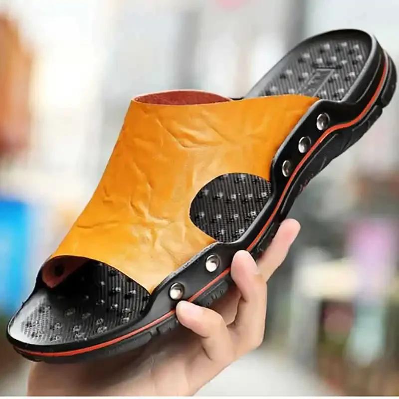Genuine Leather Slippers Men Big Size Breathable Men Beach Sandals High Quality Outdoor Flip Flops Soft Men Slippers New