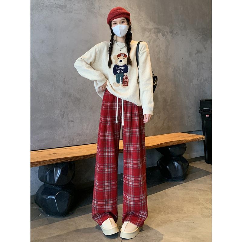 Coffee plaid woolen wide-leg pants women's new autumn clothing lazy and relaxed high waist thin straight-leg pants