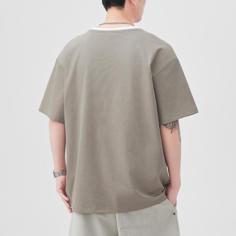 Summer New Short-sleeved T-shirt Men's Loose V-neck Fake Two-piece T-shirt Loose Japanese Retro