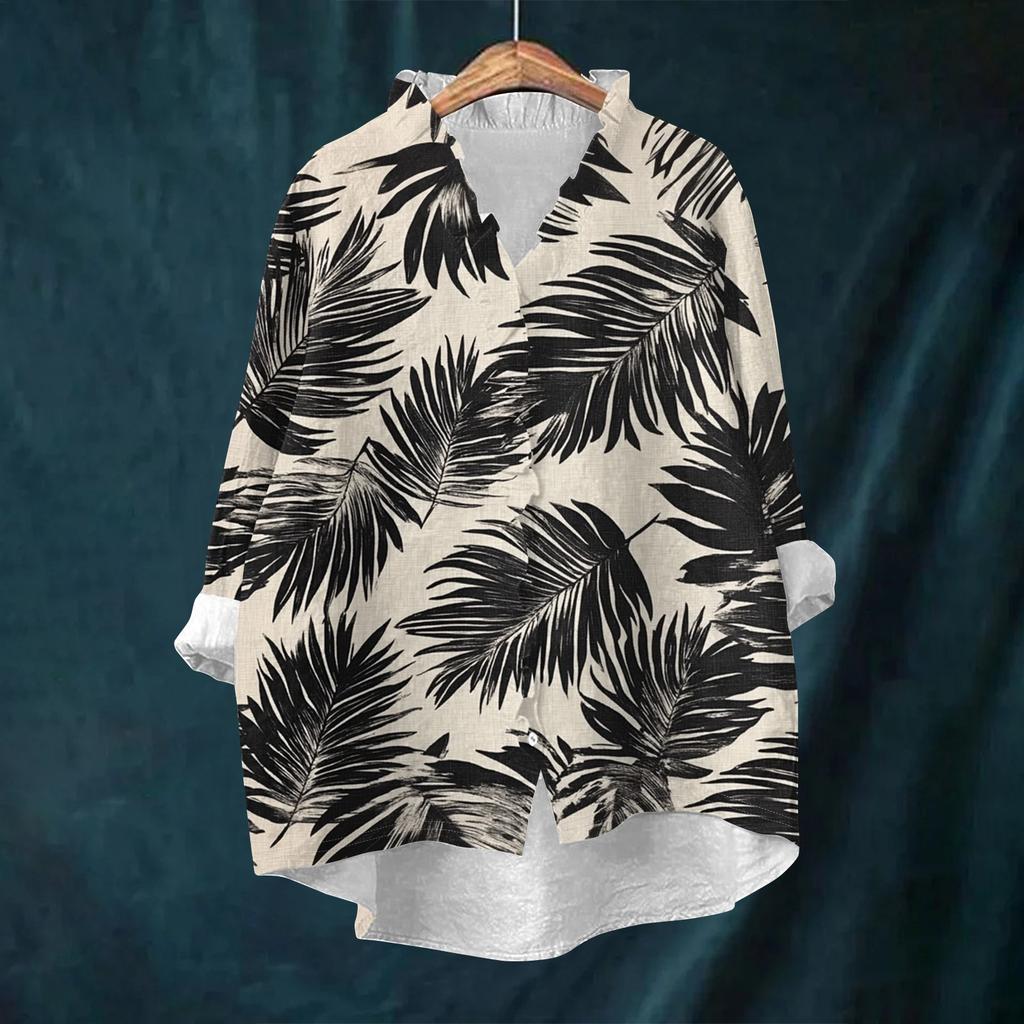 Women's Loose Ruffled Retro Floral Print Stand Collar Long Sleeve Cotton And Linen Top