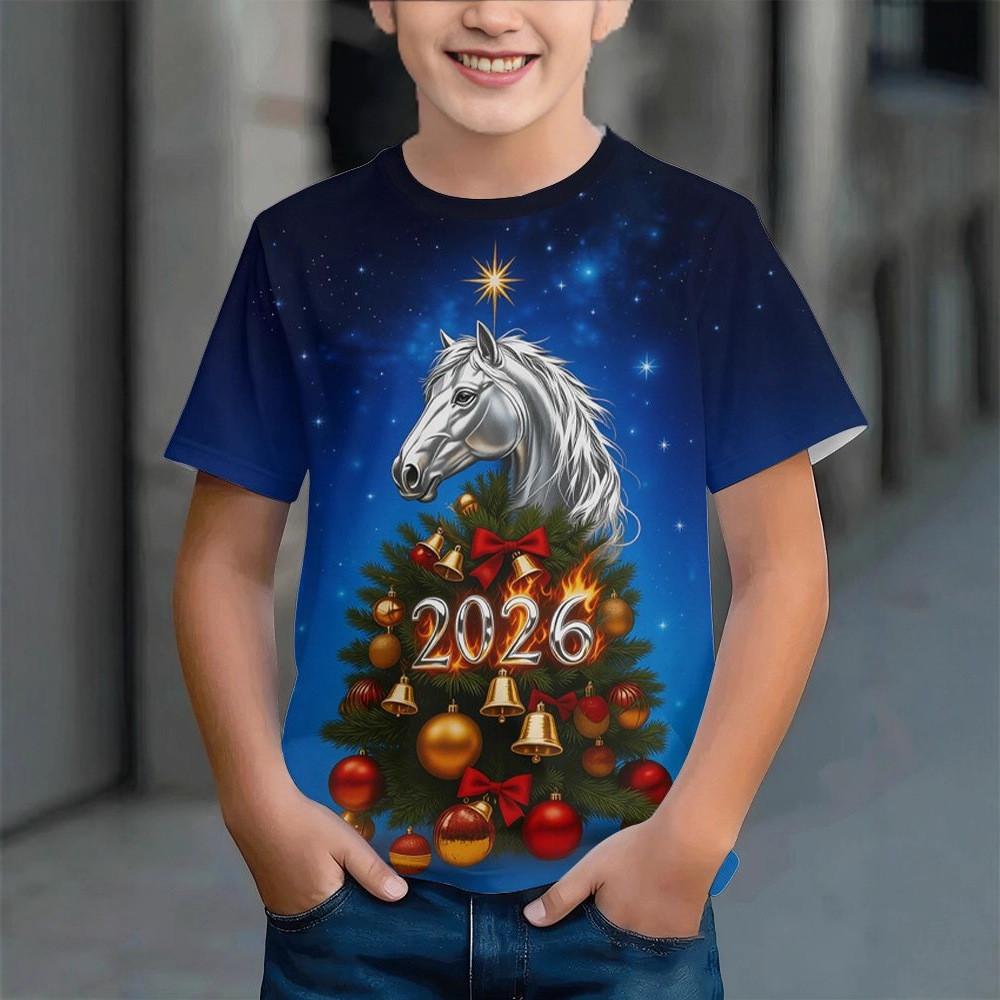 Children's T-shirt 3d Horse Year Printed Round Neck Short Sleeve Upper