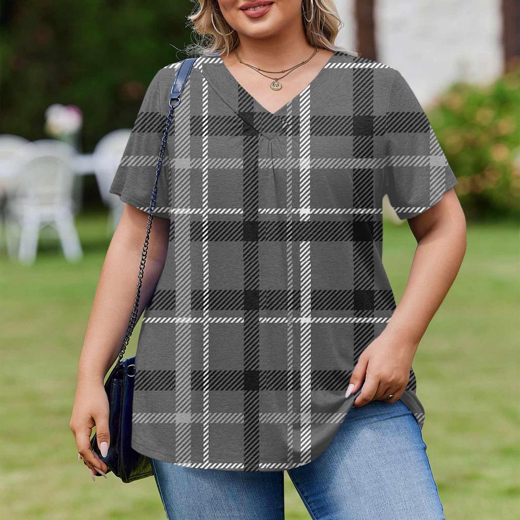 Women's Plus Size Fashionable Casual Loose-Fit Short Sleeve Elegant V Neck Blouse For Work