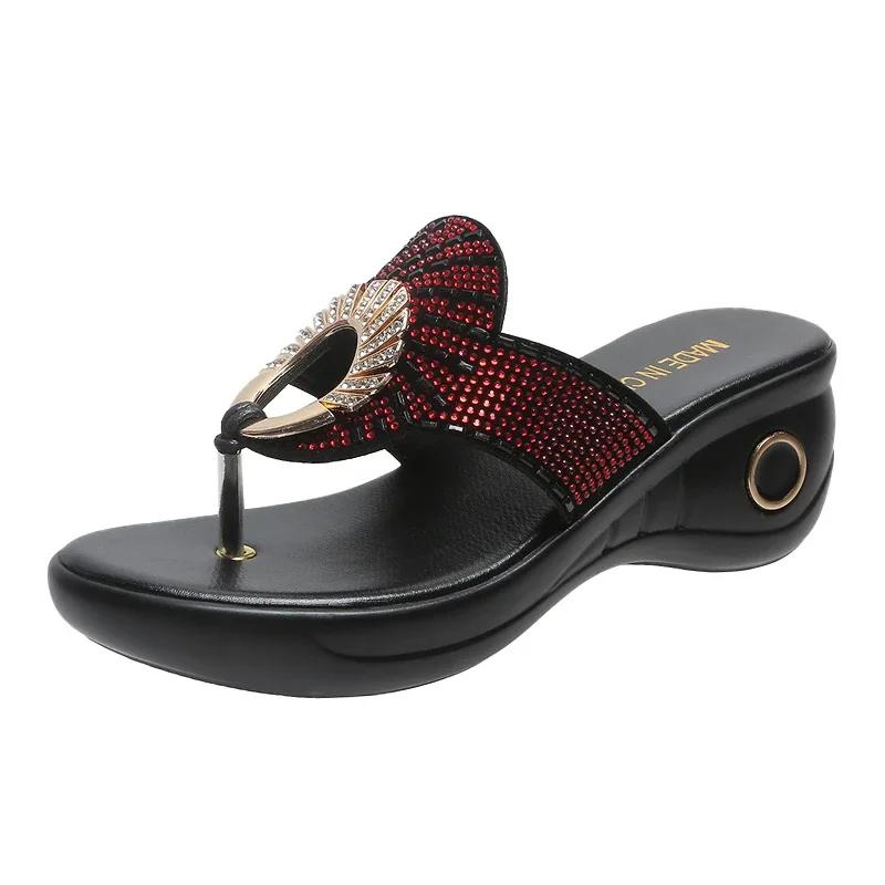 2025Retro Ladies  Summer New Platform Wedge Rhinestones Flip-flops Sandals Fashion Comfy High Thick Heel