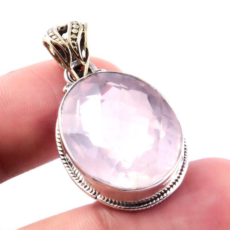 Natural Rose Quartz Gemstone 925 Solid Sterling Silver Jewelry Pendant 1.4" I5h12