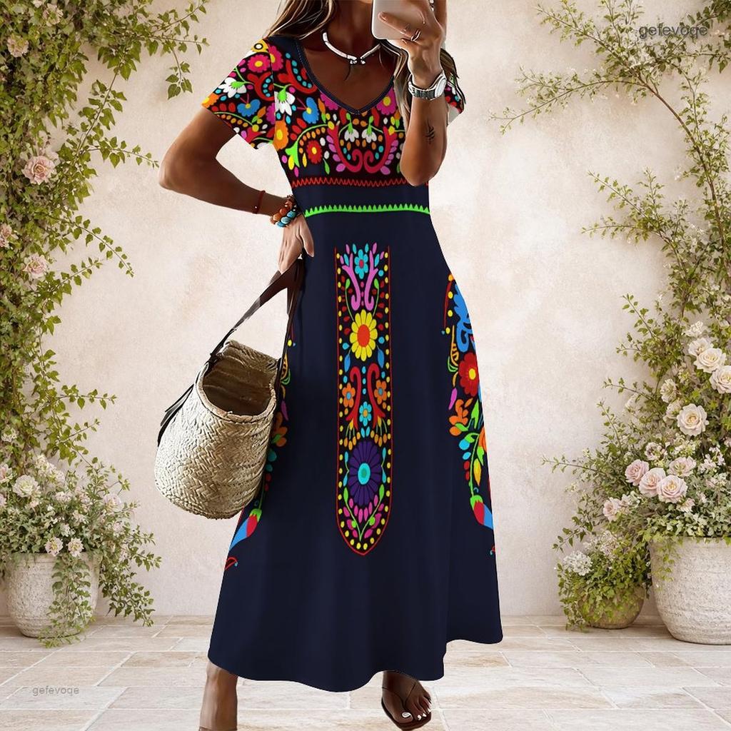 Women Plus Size V Neck Short Sleeve Printed Navy Blue Straight Long Maxi Dress