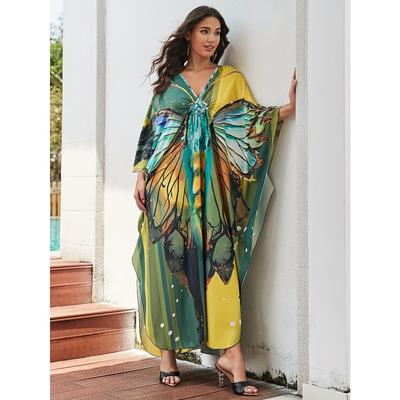 Plus Size Boho Cover Up, Women's Butterfly Print Side Split Loose Fit Batwing Sleeve Chinese Knot Braided Detail Beach Kaftan Dress