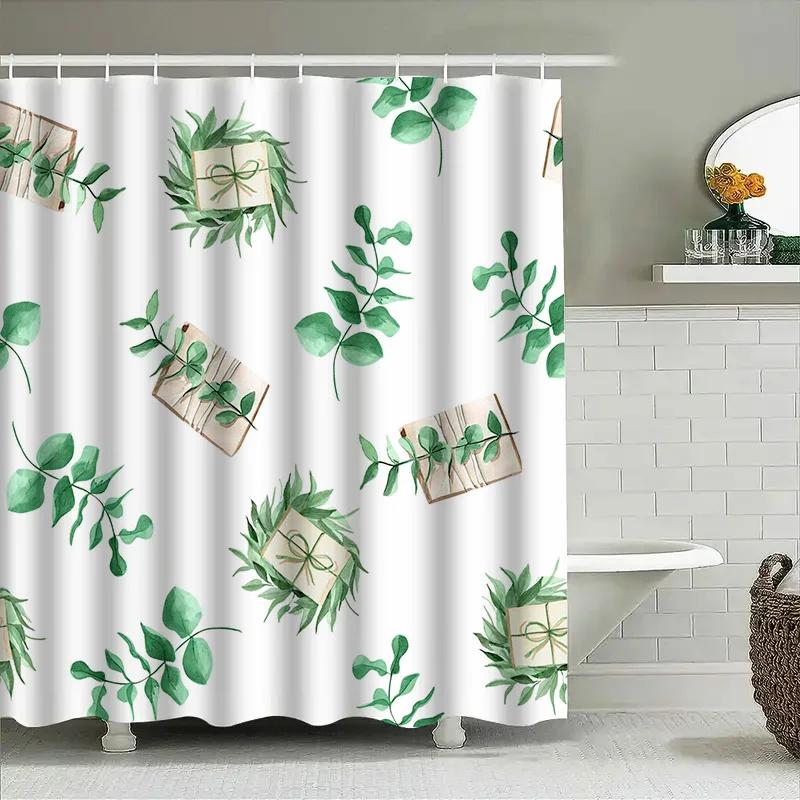 Green Leaves Books Shower Curtain Waterproof Home Decor Fabric Bathroom Wall Hanging White 3D Printing Customizable Size Avail