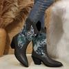 Moda Puntera puntiaguda Tacón grueso Tacón medio Patrón bordado Botines bajos Botas vaqueras occidentales de caballero Botas de cuero para mujer de talla grande