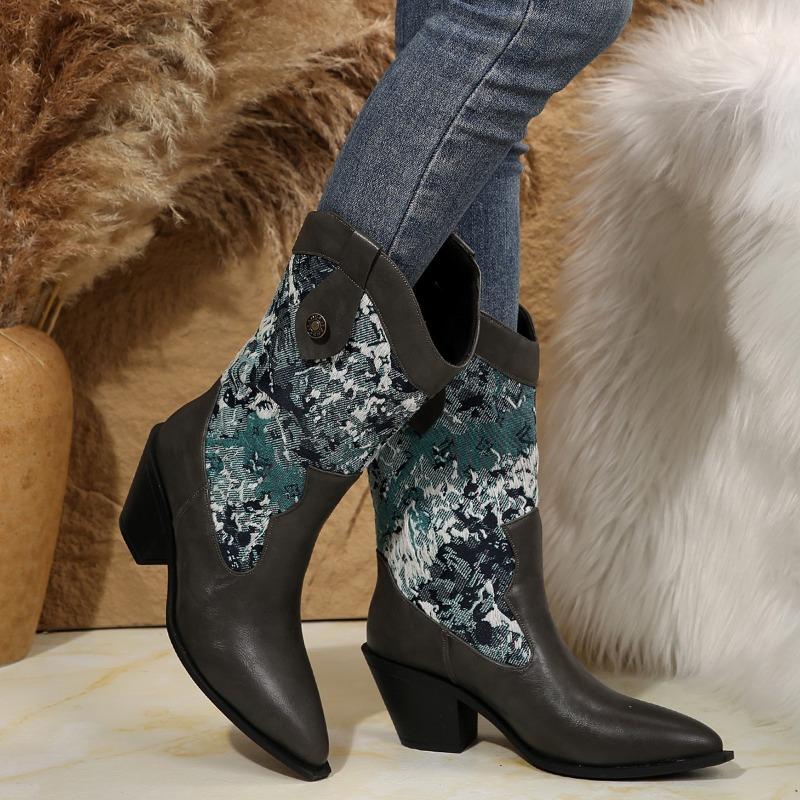 Pointed toe thick heel medium heel embroidered pattern low boots western cowboy knight boots women's large size leather boots