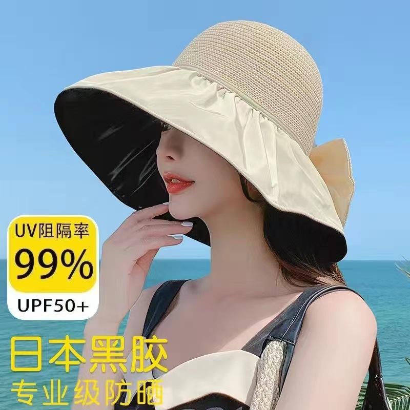 New summer versatile outdoor visor big brim bucket hat portable sunscreen sun hat bow women's hat