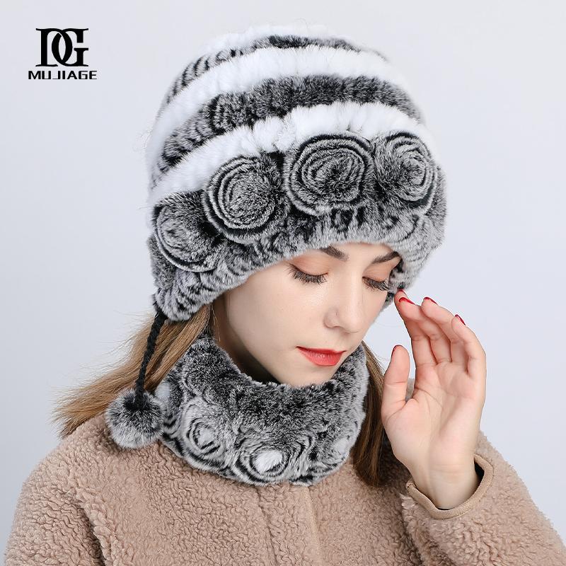 Hat Woman Winter New Rex Rabbit HairThickened and Warm Winter Versatile and Cute Fur Hat Scarf