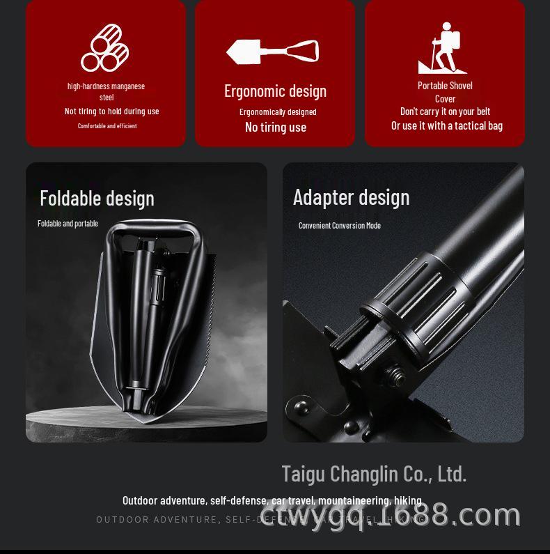 Changlin 502 Black Manganese Steel Large Portable Combat Shovel with Three-Fold Handle, Multi-Functional Outdoor Entrenching Tool.