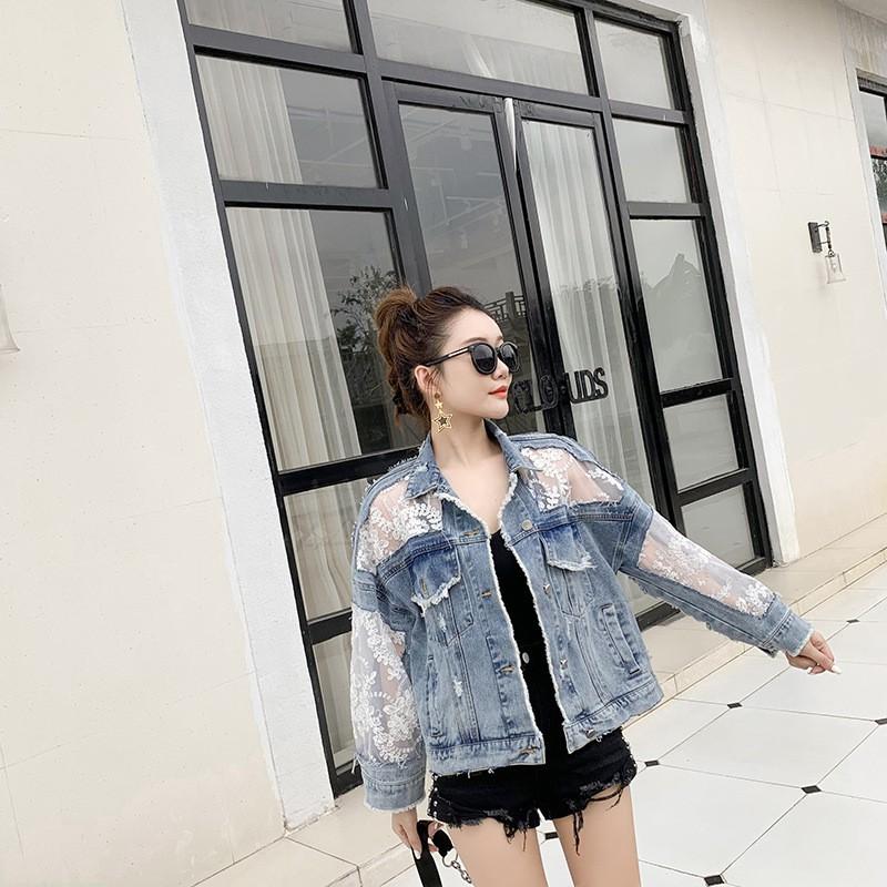 Womens Loose Fit Denim Jacket With Lace Trim Sheer Mesh Overlay Embroidery Detail Casual Chic Outerwear