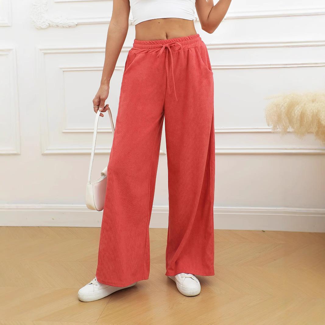 Women s Drawstring Elastic Waist Wide Leg Straight Leg Corduroy Casual Pants Trousers S
