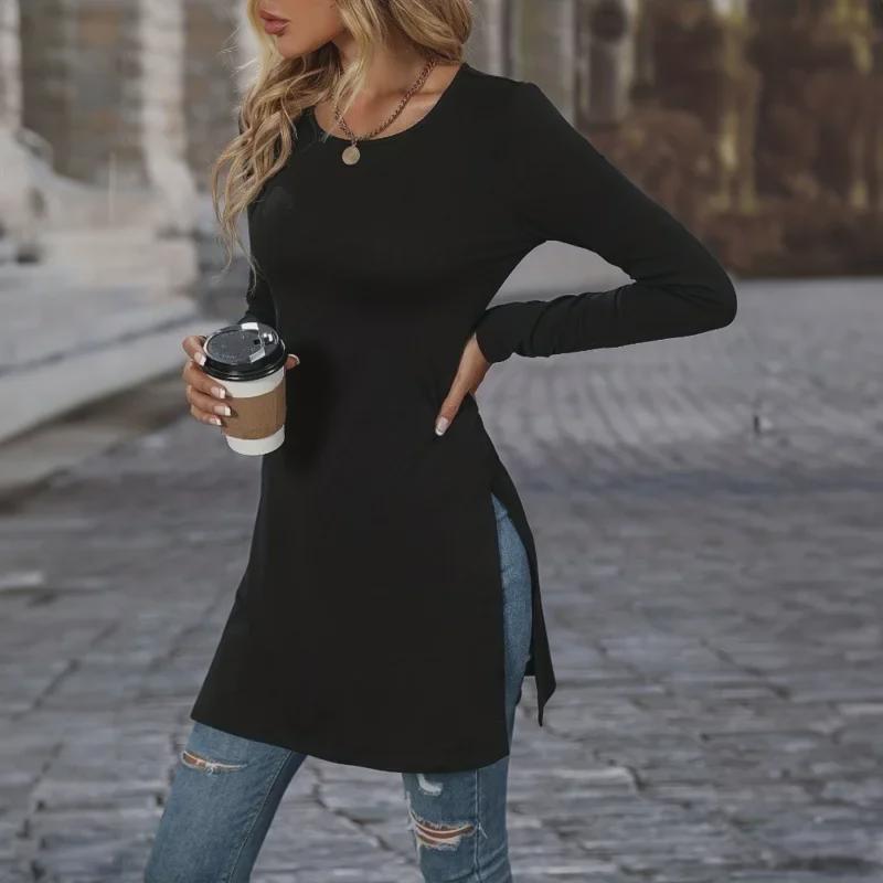 

2023 Autumn Women s Slim Fit Long Sleeve Slit T-shirt 2XL світло-сірий колір