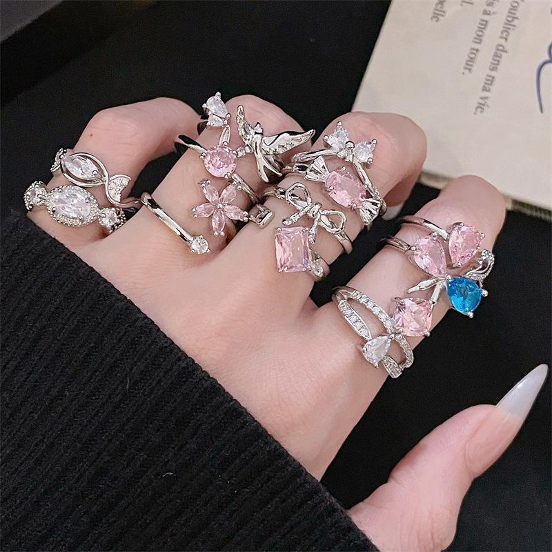 Color Diamond Open Ring Bow Flower Niche Design Elegant Light Luxury Cute Pink Zircon Personality Ring Woman