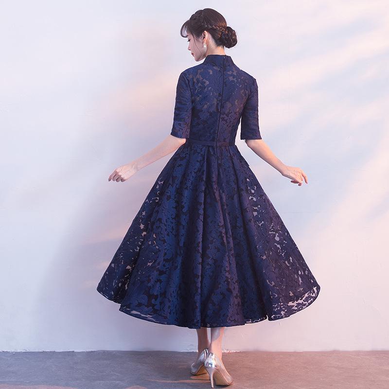 Evening dress new spring medium and long navy blue party dress dress dress looks thin