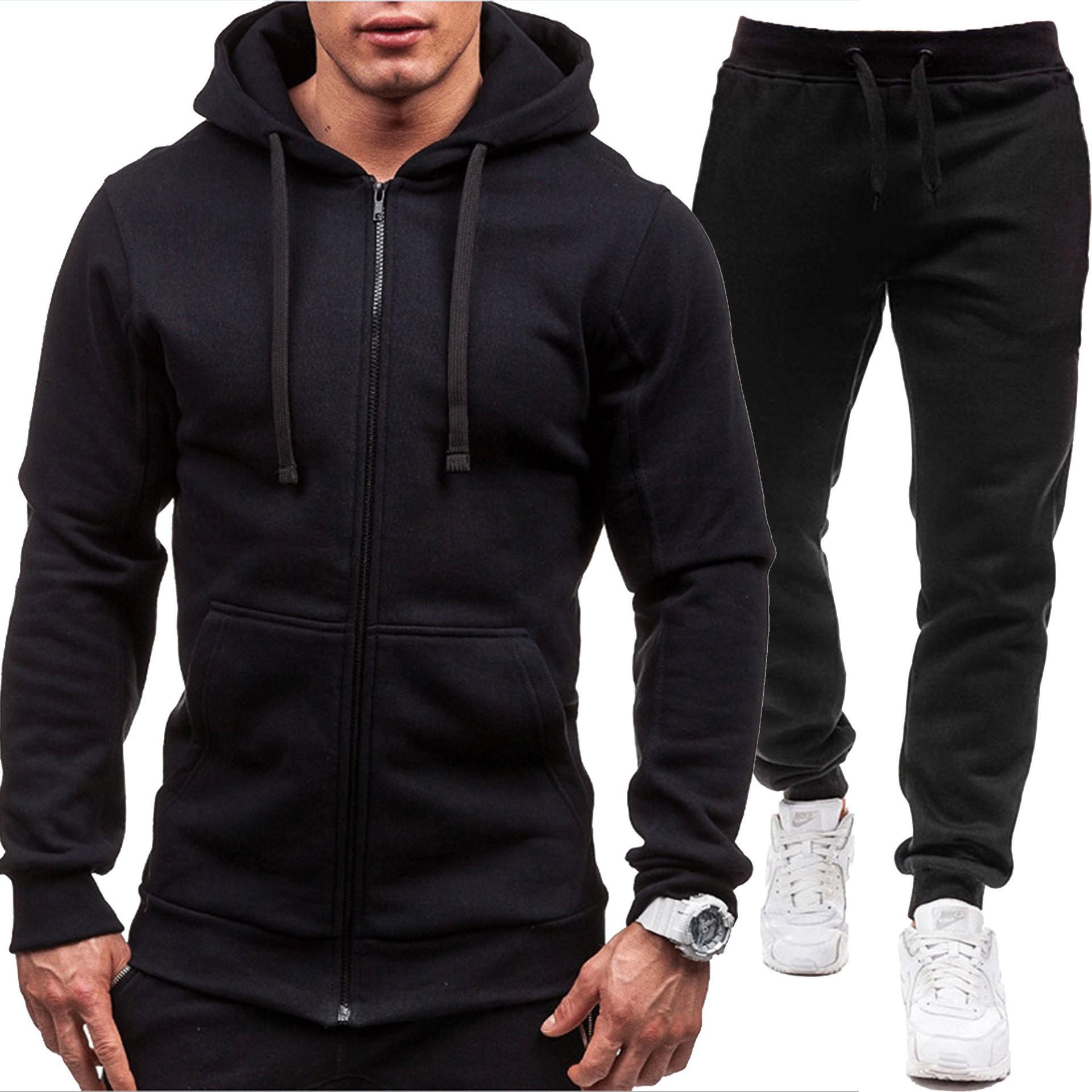 

New Casual Sweater Zipper Hooded Sweater Jacket Men s Solid Color Cardigan Sweater Sports Suit L чорний