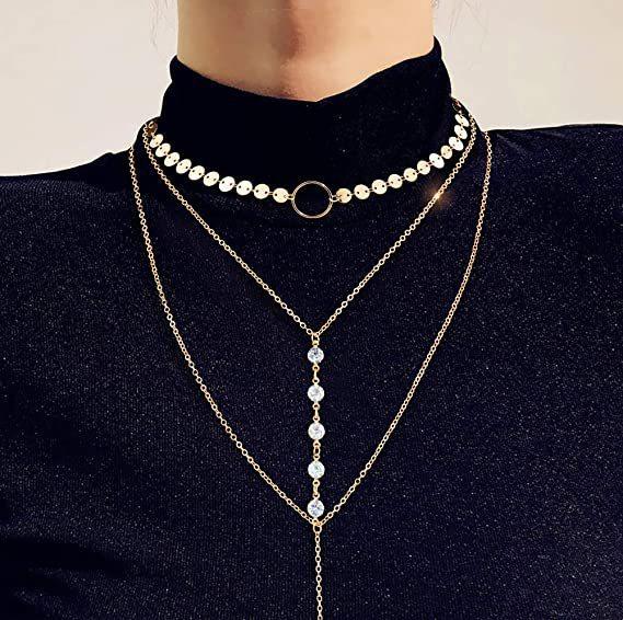 Simple and fashionable personalized multi-layer sequined chain necklace for women's sweater versatile rhinestone inlaid necklace