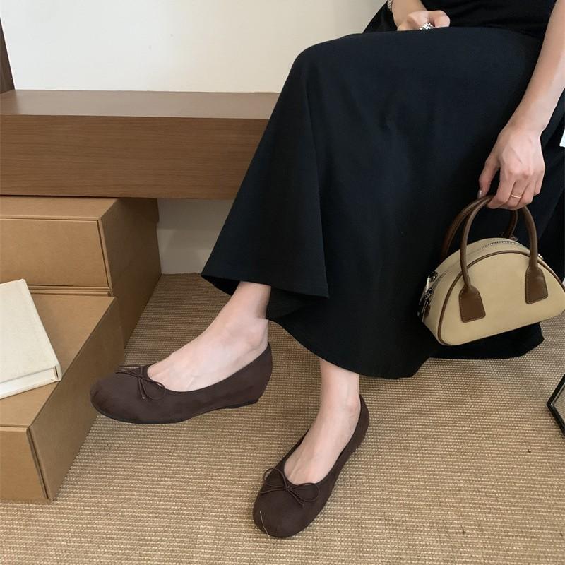 Flat-bottomed Suede Ballet Single Shoes Women's Shoes 2025 New Bow Red Evening Shoes