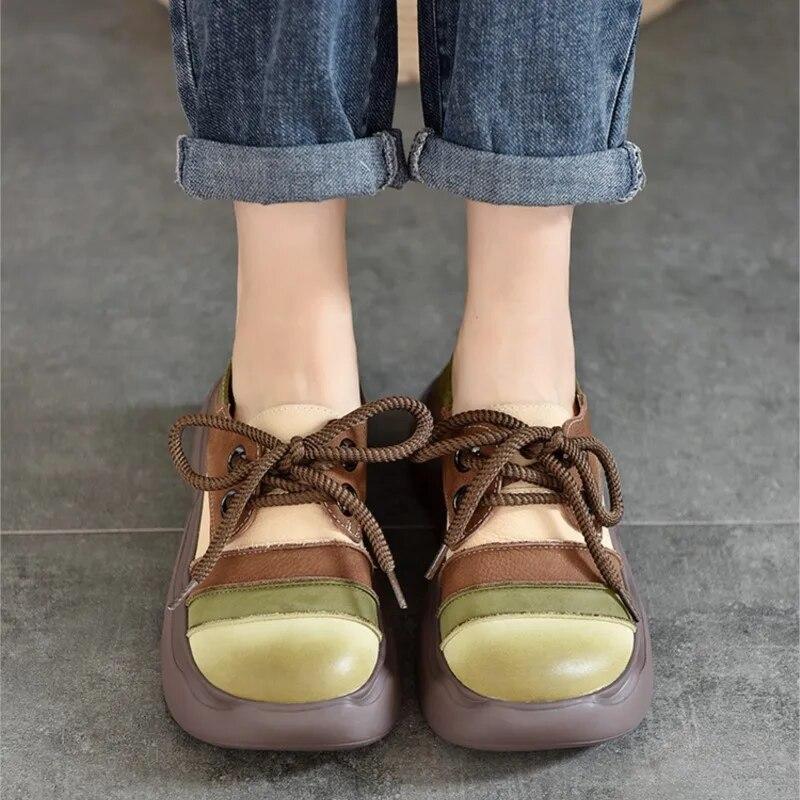 Johnature Genuine Leather Lace-up Thick Soled Shoes Retro Mixed Colors Round Toe Women's Flat Shoes