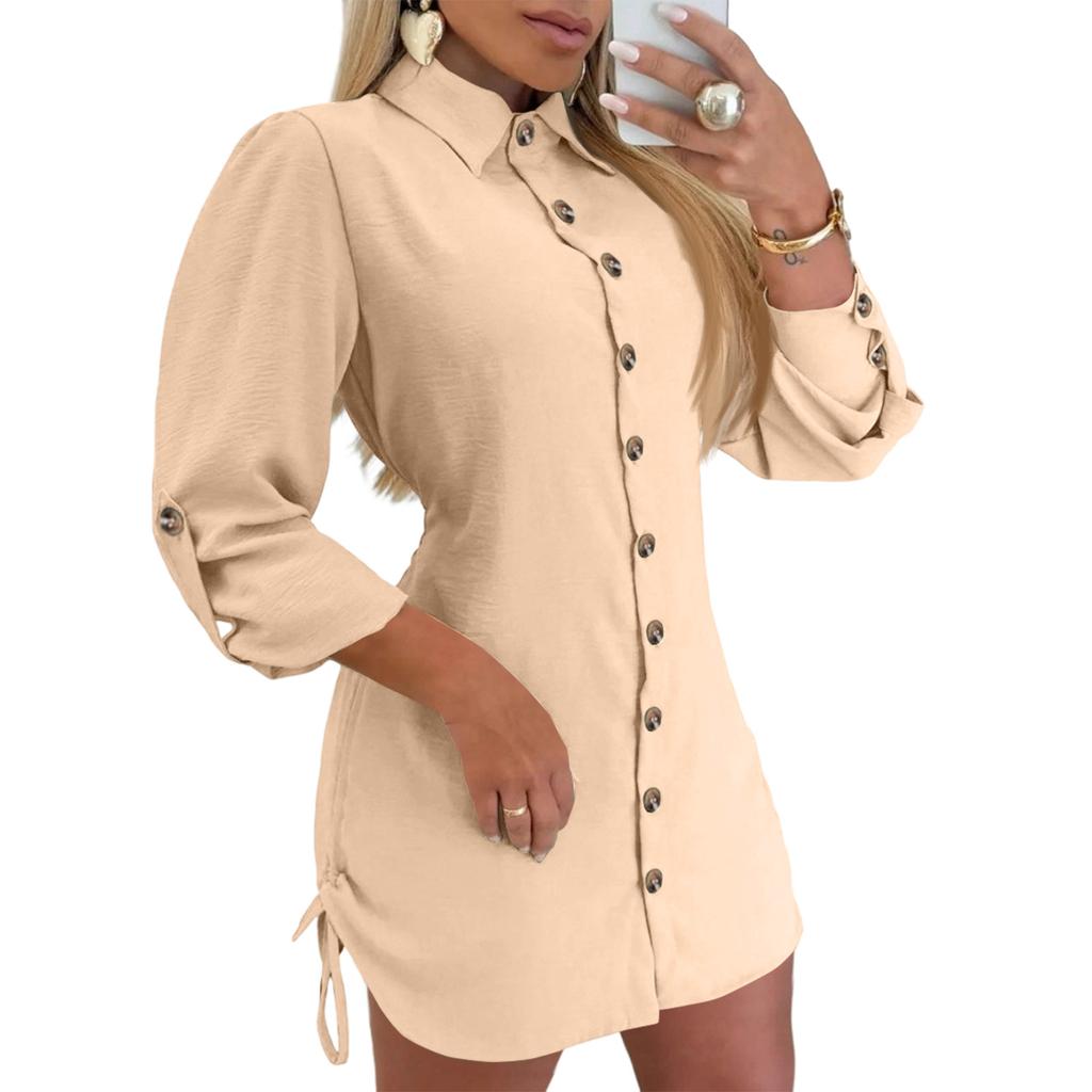 Women's Fashionable And Versatile Long-Sleeved -Color Drawstring Dress