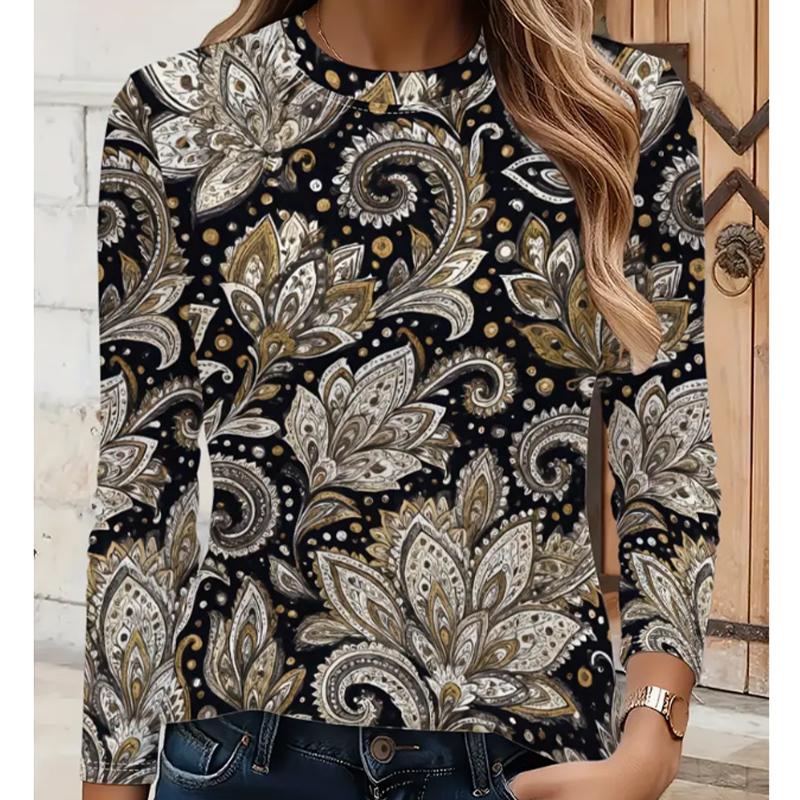 

2025 Осень и Зима Женский Новый Повседневный Топ с Круглым Вырезом и Длинным Рукавом 3D Ретро Узор 8XL бежевый