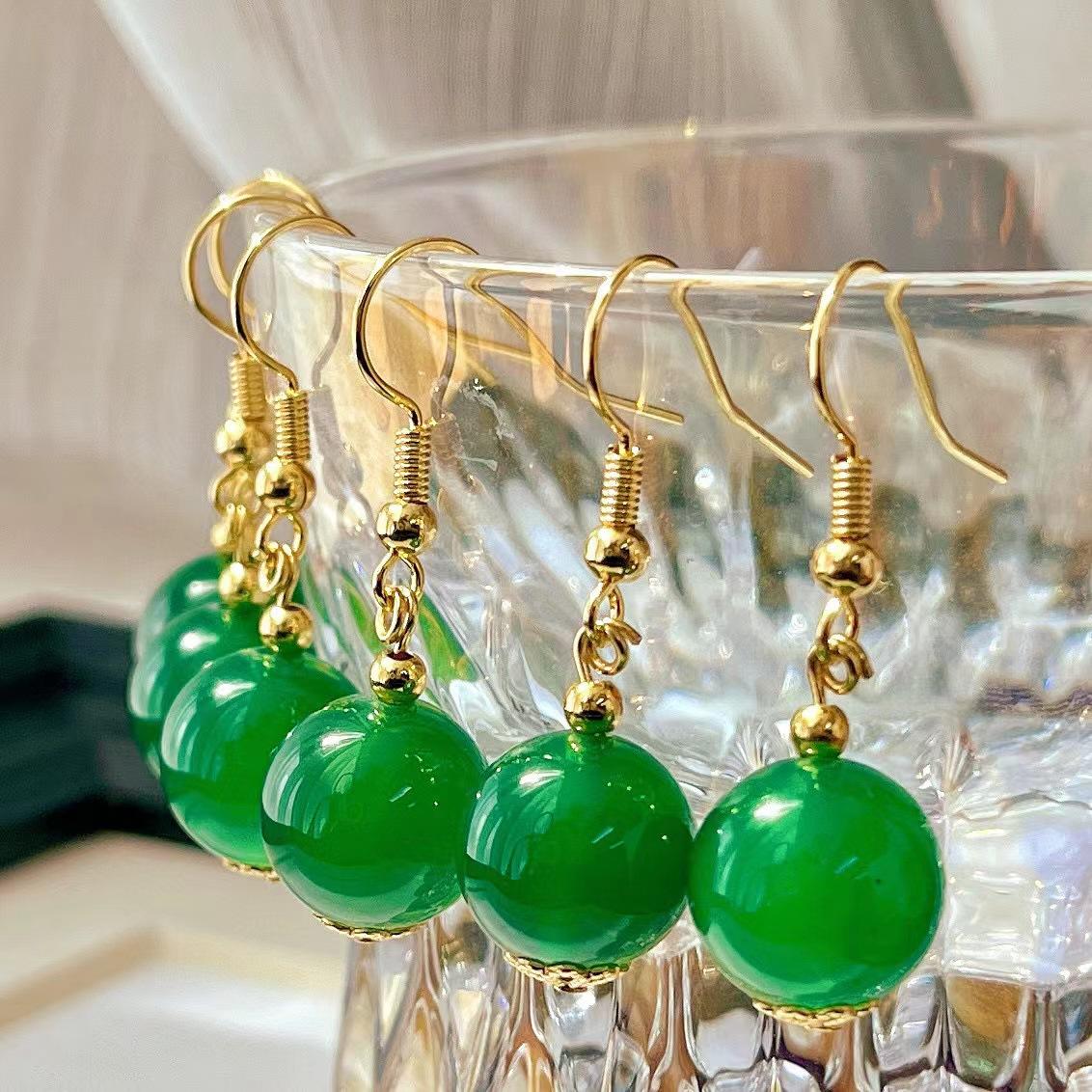 

Green Agate Round Bead Temperament Advanced Retro Ear Hook Whitening Simple Natural Stone Earrings