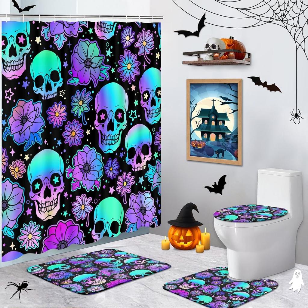 Halloween Skull Flower Shower Curtain Sets With Rugs Purple Neon Funny Horror Bathroom Set With Non-Slip Rug,Toilet Lid Cover,