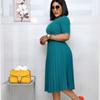 Damen Lässiges Plissee-Kleid Sommer Damen Kurzarm O-Ausschnitt Grüne Midi-Kleider