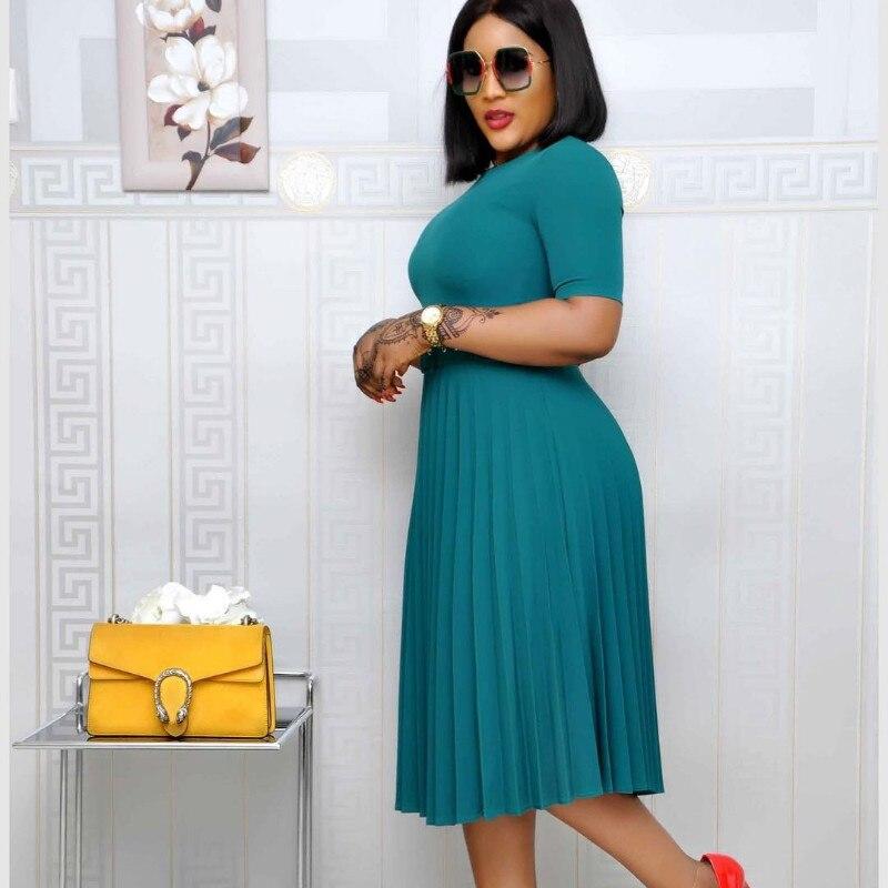 Damen Lässiges Plissee-Kleid Sommer Damen Kurzarm O-Ausschnitt Grüne Midi-Kleider
